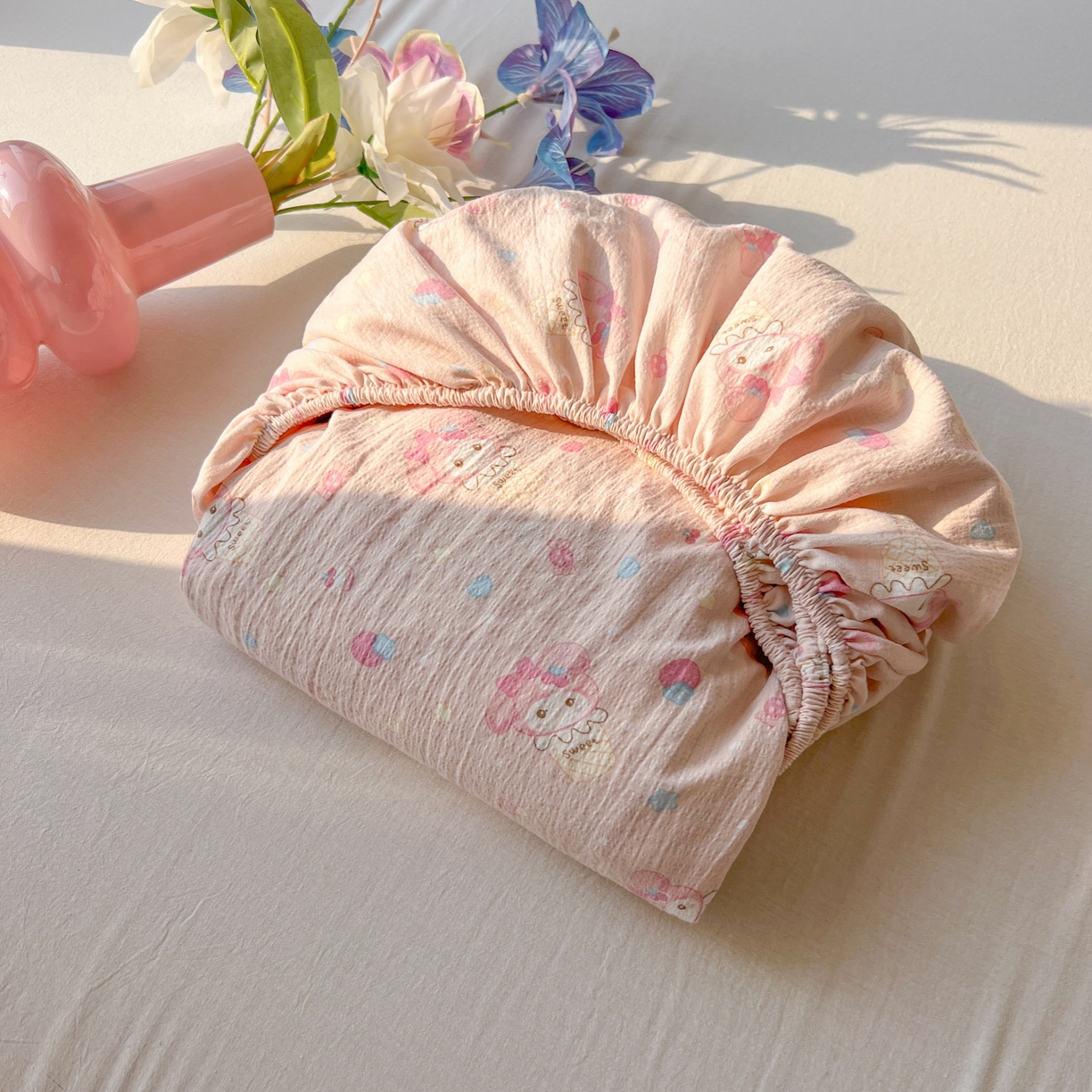 91家纺网 家纺一手货源 找家纺 韩巢家纺 2025新款云感提花双层纱单床笠热销款防滑床笠单件 小美冰激凌