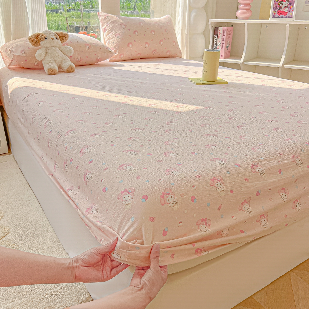 91家纺网 家纺一手货源 找家纺 韩巢家纺 2025新款云感提花双层纱单床笠热销款防滑床笠单件 小美冰激凌