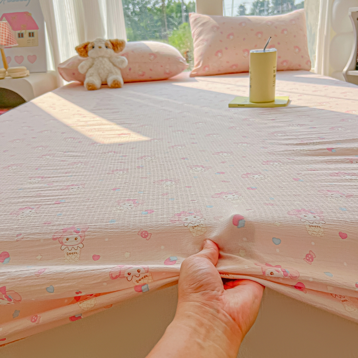 91家纺网 家纺一手货源 找家纺 韩巢家纺 2025新款云感提花双层纱单床笠热销款防滑床笠单件 小美冰激凌