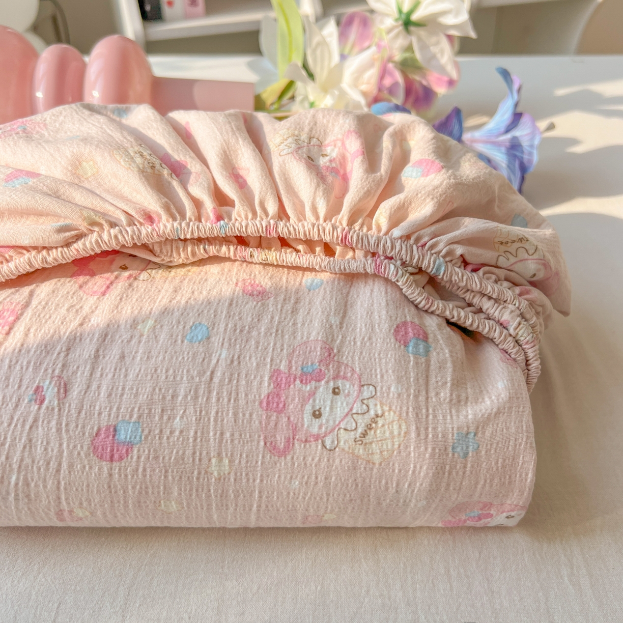 91家纺网 家纺一手货源 找家纺 韩巢家纺 2025新款云感提花双层纱单床笠热销款防滑床笠单件 小美冰激凌