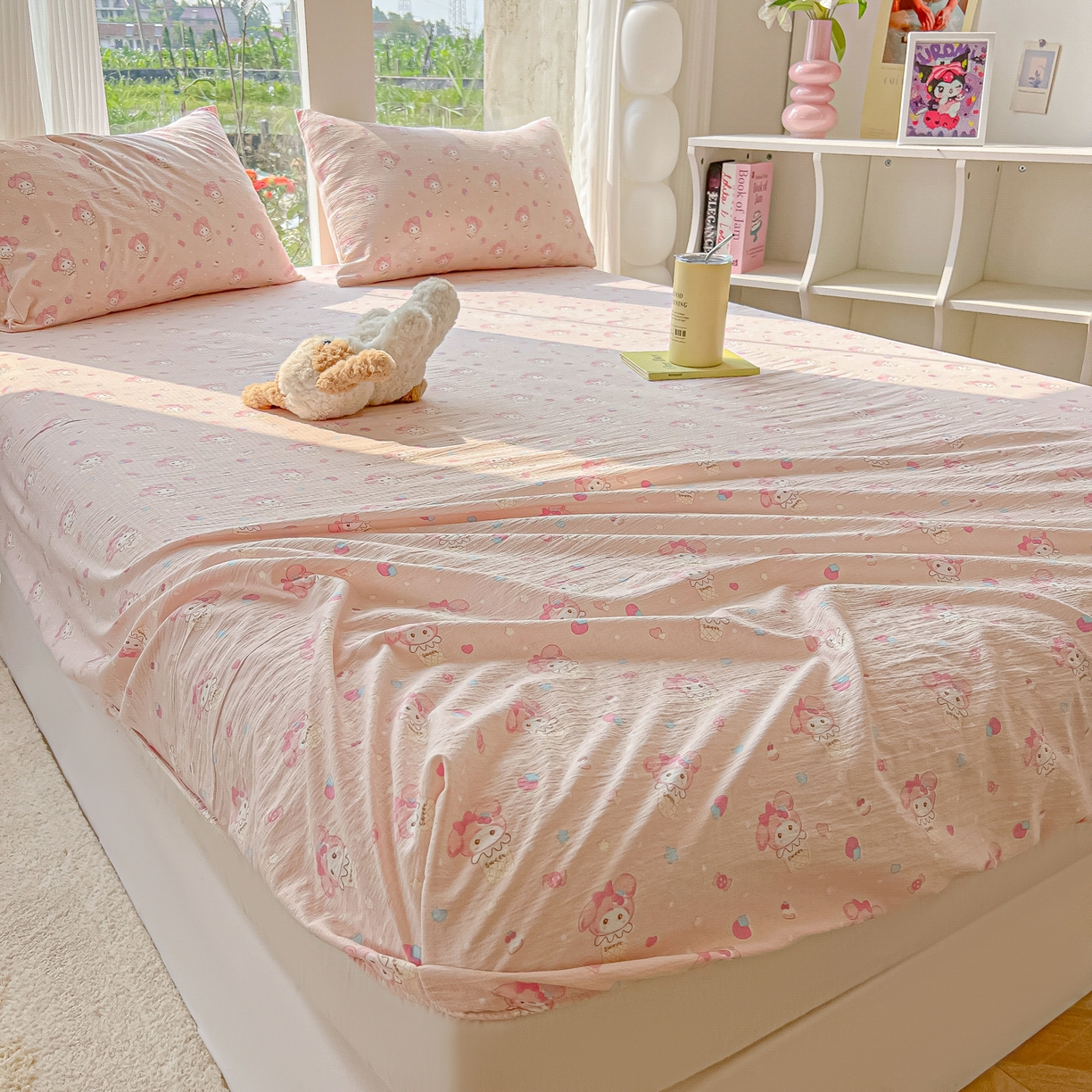 91家纺网 家纺一手货源 找家纺 韩巢家纺 2025新款云感提花双层纱单床笠热销款防滑床笠单件 小美冰激凌