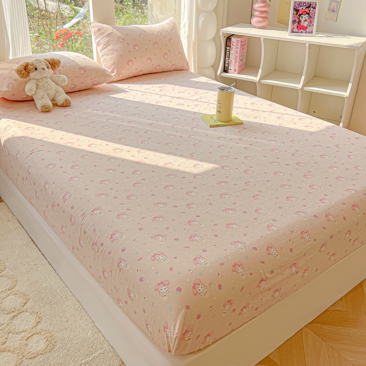 91家纺网 家纺一手货源 找家纺 韩巢家纺 2025新款云感提花双层纱单床笠热销款防滑床笠单件 小美冰激凌