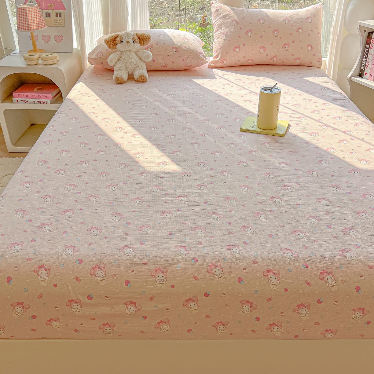 91家纺网 家纺一手货源 找家纺 韩巢家纺 2025新款云感提花双层纱单床笠热销款防滑床笠单件 小美冰激凌