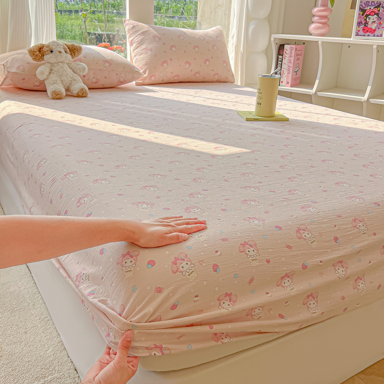 91家纺网 家纺一手货源 找家纺 韩巢家纺 2025新款云感提花双层纱单床笠热销款防滑床笠单件 小美冰激凌