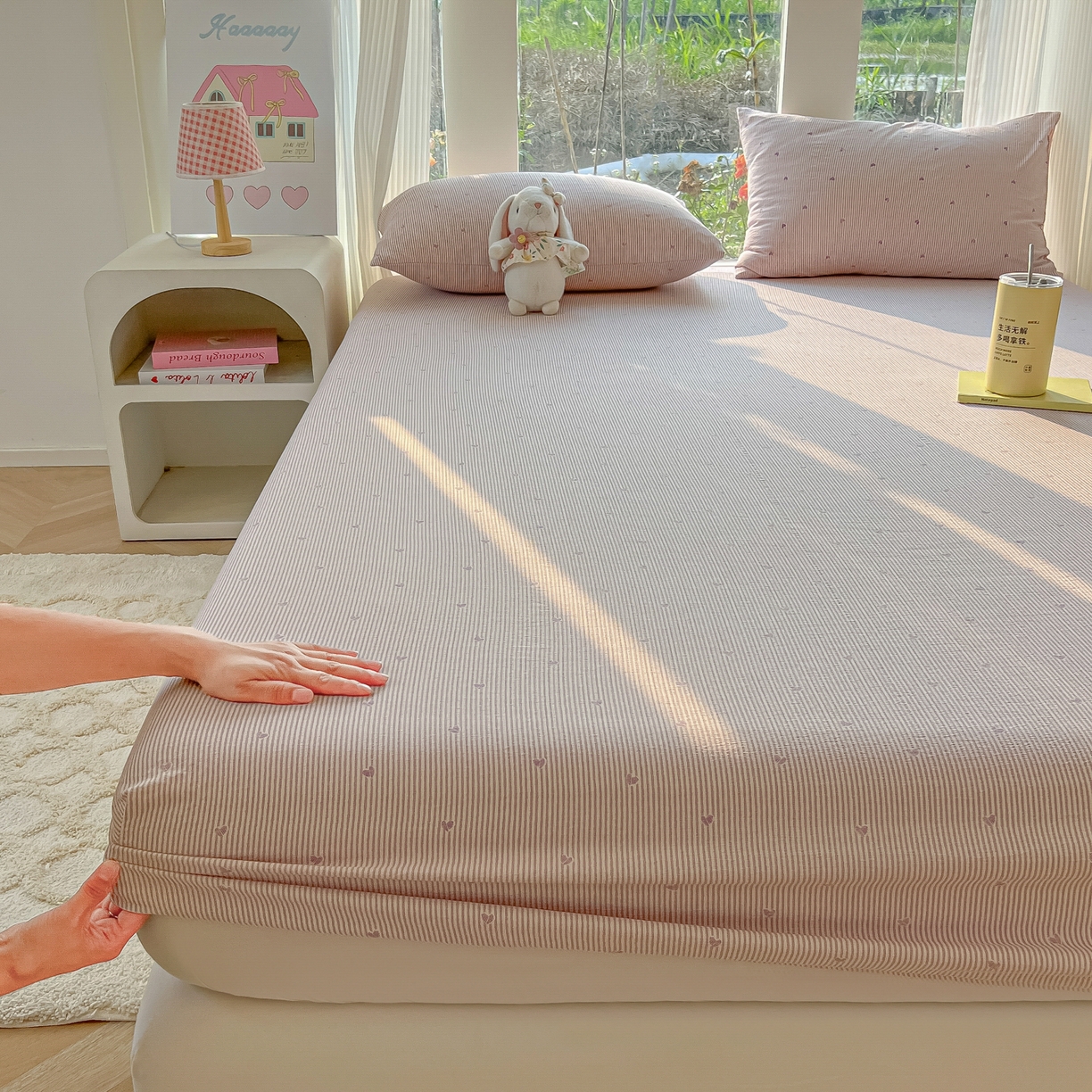 韩巢家纺 2025新款云感提花双层纱单床笠热销款防滑床笠单件 紫倾心