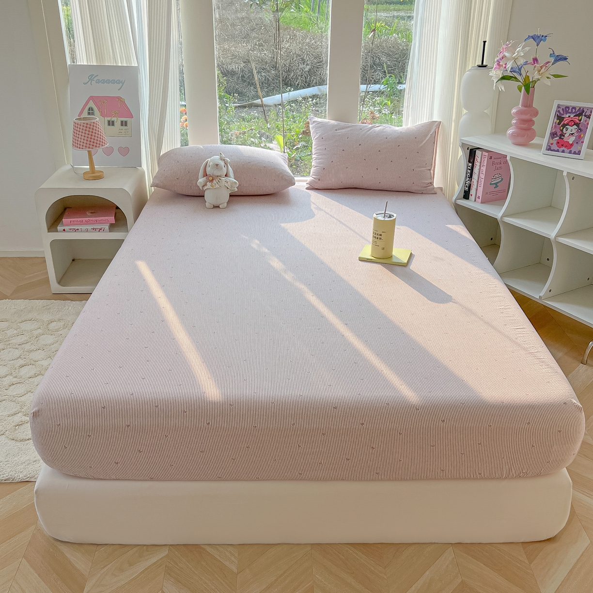 91家纺网 家纺一手货源 找家纺 韩巢家纺 2025新款云感提花双层纱单床笠热销款防滑床笠单件 紫倾心