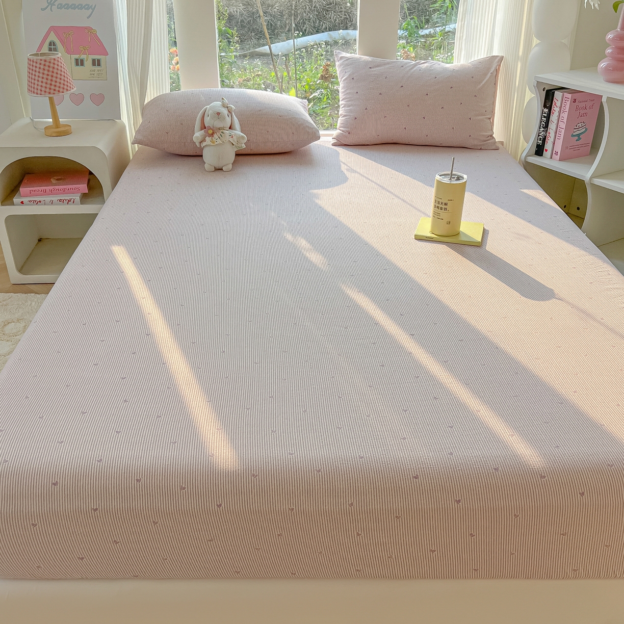 91家纺网 家纺一手货源 找家纺 韩巢家纺 2025新款云感提花双层纱单床笠热销款防滑床笠单件 紫倾心