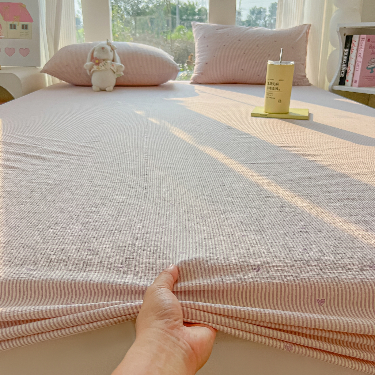 91家纺网 家纺一手货源 找家纺 韩巢家纺 2025新款云感提花双层纱单床笠热销款防滑床笠单件 紫倾心