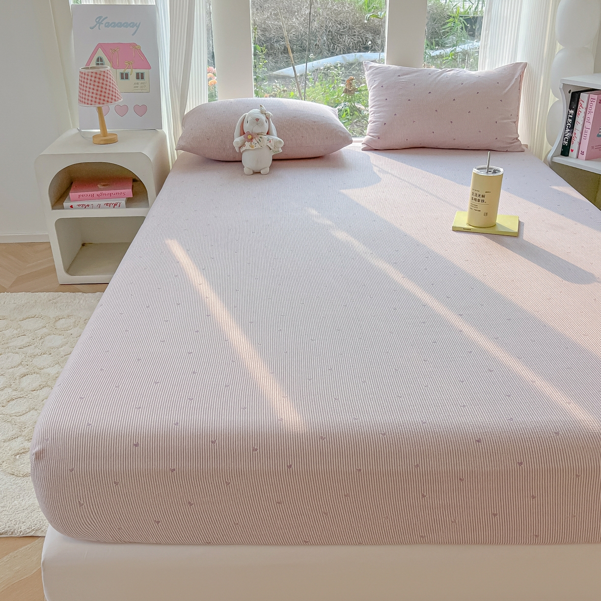 91家纺网 家纺一手货源 找家纺 韩巢家纺 2025新款云感提花双层纱单床笠热销款防滑床笠单件 紫倾心