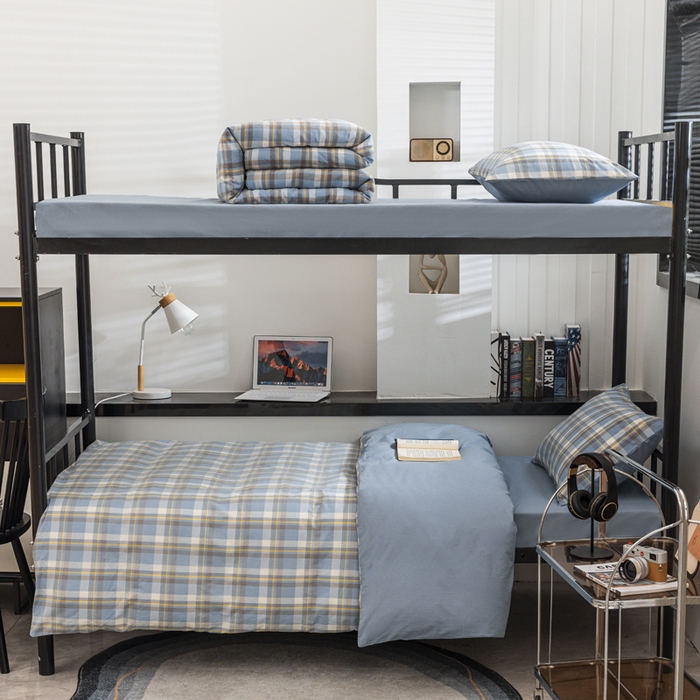 91家纺网 家纺一手货源 找家纺 柠萌家居 2025新款无印良品风色织水洗棉A类学生宿舍三件套 简兮蓝