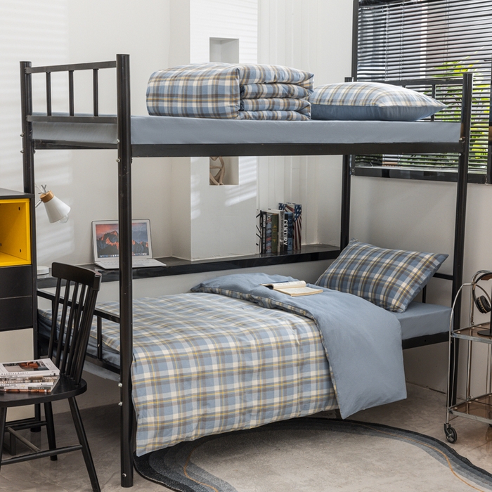 91家纺网 家纺一手货源 找家纺 柠萌家居 2025新款无印良品风色织水洗棉A类学生宿舍三件套 简兮蓝