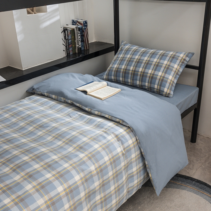 91家纺网 家纺一手货源 找家纺 柠萌家居 2025新款无印良品风色织水洗棉A类学生宿舍三件套 简兮蓝