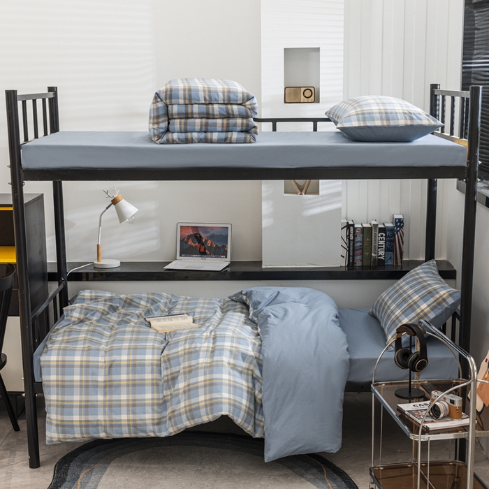 91家纺网 家纺一手货源 找家纺 柠萌家居 2025新款无印良品风色织水洗棉A类学生宿舍三件套 简兮蓝