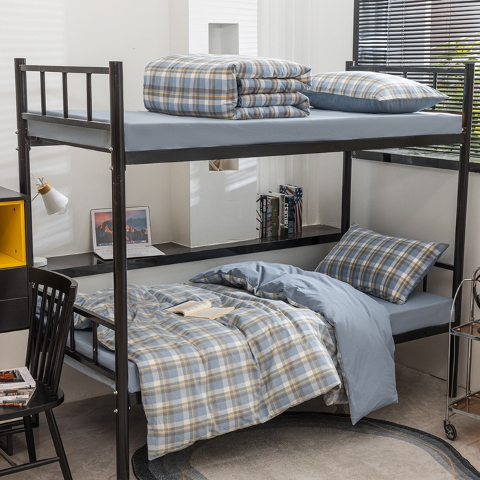 91家纺网 家纺一手货源 找家纺 柠萌家居 2025新款无印良品风色织水洗棉A类学生宿舍三件套 简兮蓝