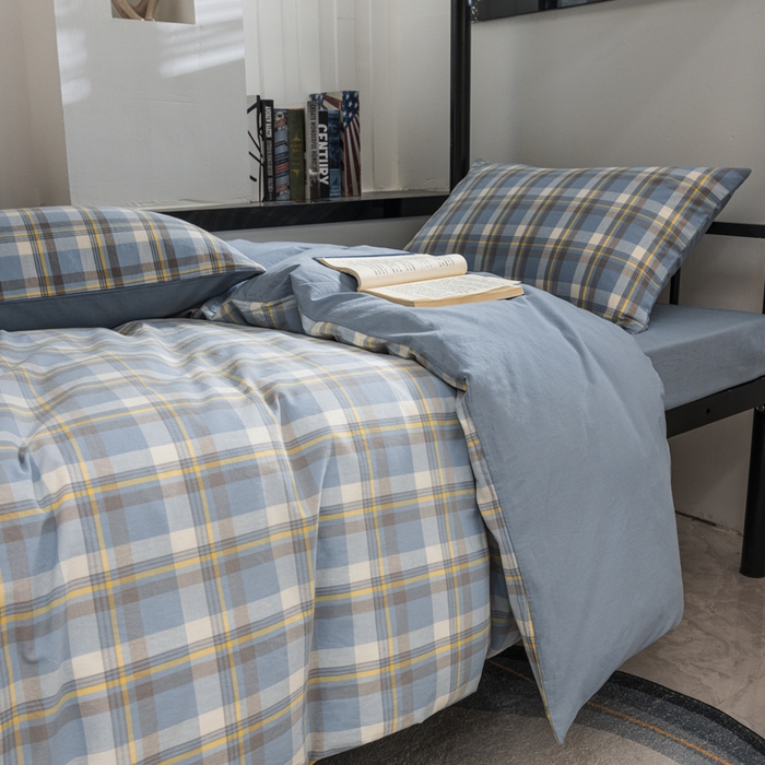 91家纺网 家纺一手货源 找家纺 柠萌家居 2025新款无印良品风色织水洗棉A类学生宿舍三件套 简兮蓝