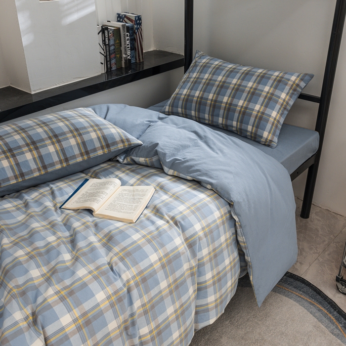 91家纺网 家纺一手货源 找家纺 柠萌家居 2025新款无印良品风色织水洗棉A类学生宿舍三件套 简兮蓝