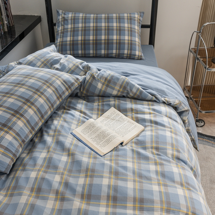 91家纺网 家纺一手货源 找家纺 柠萌家居 2025新款无印良品风色织水洗棉A类学生宿舍三件套 简兮蓝