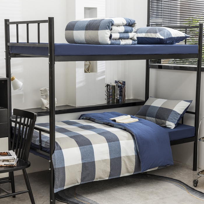 91家纺网 家纺一手货源 找家纺 柠萌家居 2025新款无印良品风色织水洗棉A类学生宿舍三件套 蓝调格