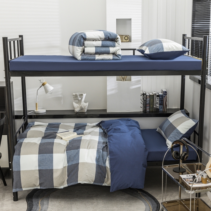 91家纺网 家纺一手货源 找家纺 柠萌家居 2025新款无印良品风色织水洗棉A类学生宿舍三件套 蓝调格