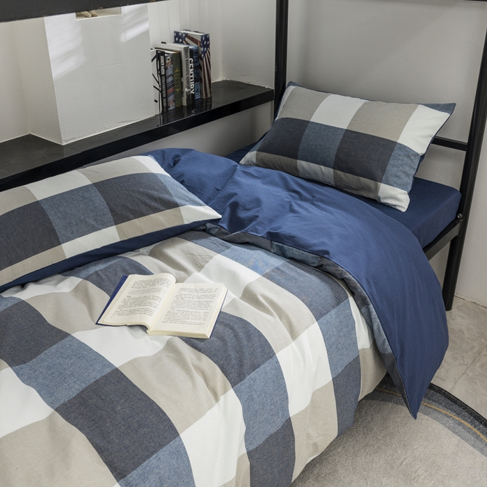 91家纺网 家纺一手货源 找家纺 柠萌家居 2025新款无印良品风色织水洗棉A类学生宿舍三件套 蓝调格