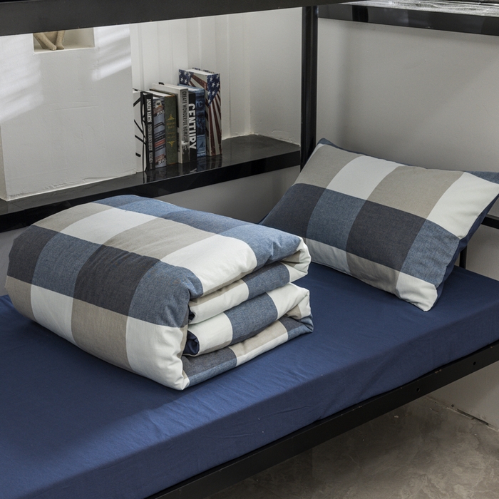 91家纺网 家纺一手货源 找家纺 柠萌家居 2025新款无印良品风色织水洗棉A类学生宿舍三件套 蓝调格