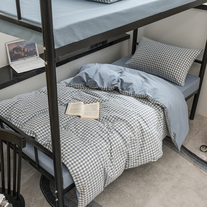 91家纺网 家纺一手货源 找家纺 柠萌家居 2025新款无印良品风色织水洗棉A类学生宿舍三件套 蓝小格