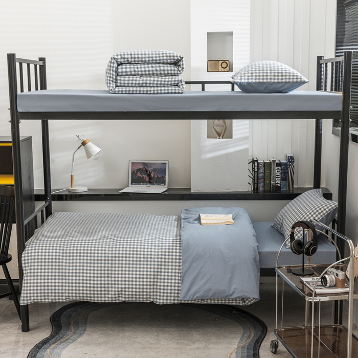 91家纺网 家纺一手货源 找家纺 柠萌家居 2025新款无印良品风色织水洗棉A类学生宿舍三件套 蓝小格