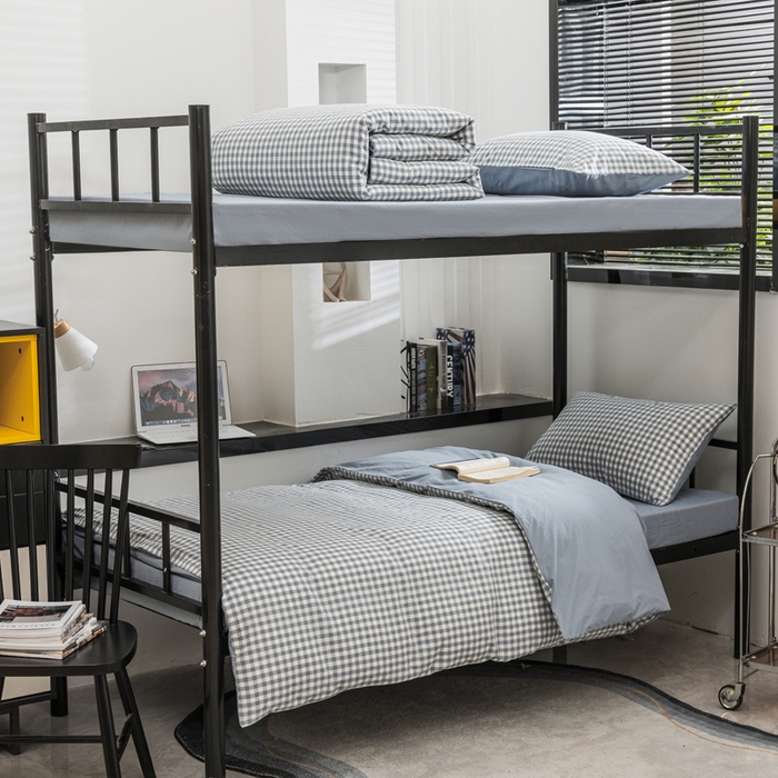 91家纺网 家纺一手货源 找家纺 柠萌家居 2025新款无印良品风色织水洗棉A类学生宿舍三件套 蓝小格