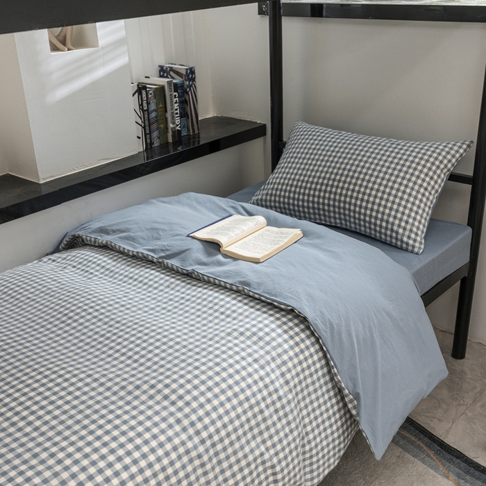 91家纺网 家纺一手货源 找家纺 柠萌家居 2025新款无印良品风色织水洗棉A类学生宿舍三件套 蓝小格