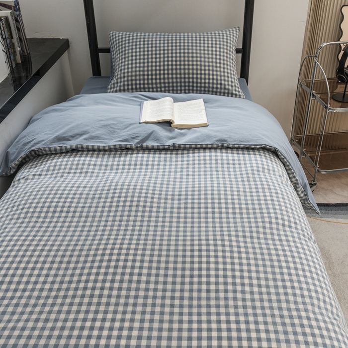 91家纺网 家纺一手货源 找家纺 柠萌家居 2025新款无印良品风色织水洗棉A类学生宿舍三件套 蓝小格
