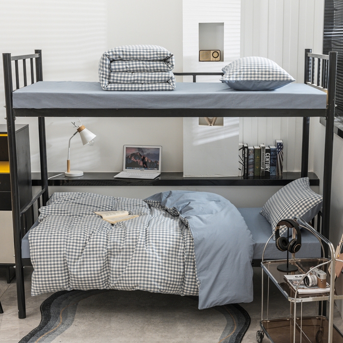 91家纺网 家纺一手货源 找家纺 柠萌家居 2025新款无印良品风色织水洗棉A类学生宿舍三件套 蓝小格