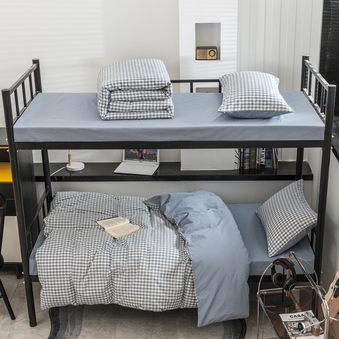 91家纺网 家纺一手货源 找家纺 柠萌家居 2025新款无印良品风色织水洗棉A类学生宿舍三件套 蓝小格