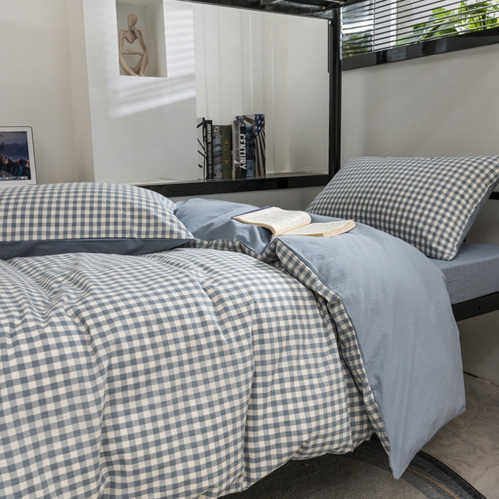 91家纺网 家纺一手货源 找家纺 柠萌家居 2025新款无印良品风色织水洗棉A类学生宿舍三件套 蓝小格