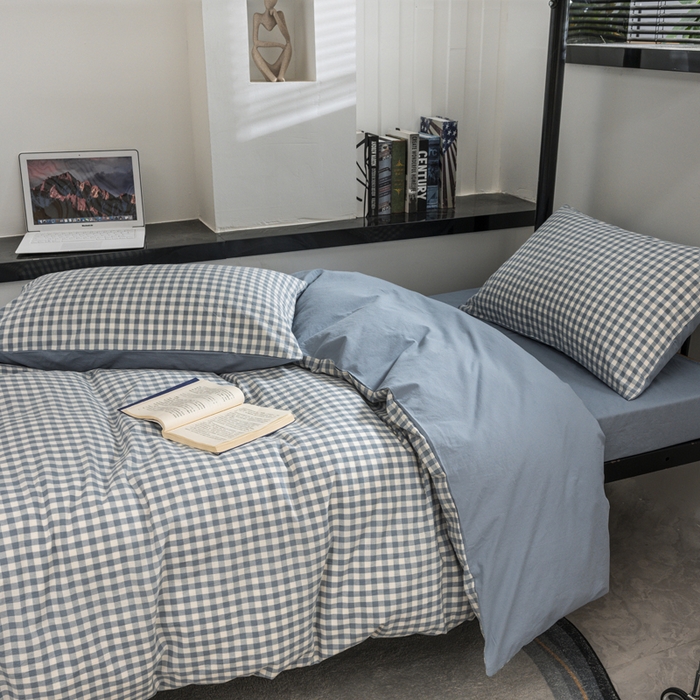 91家纺网 家纺一手货源 找家纺 柠萌家居 2025新款无印良品风色织水洗棉A类学生宿舍三件套 蓝小格