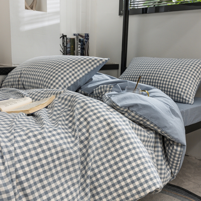 91家纺网 家纺一手货源 找家纺 柠萌家居 2025新款无印良品风色织水洗棉A类学生宿舍三件套 蓝小格