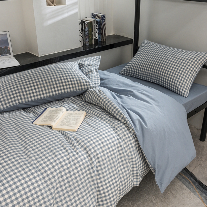 91家纺网 家纺一手货源 找家纺 柠萌家居 2025新款无印良品风色织水洗棉A类学生宿舍三件套 蓝小格