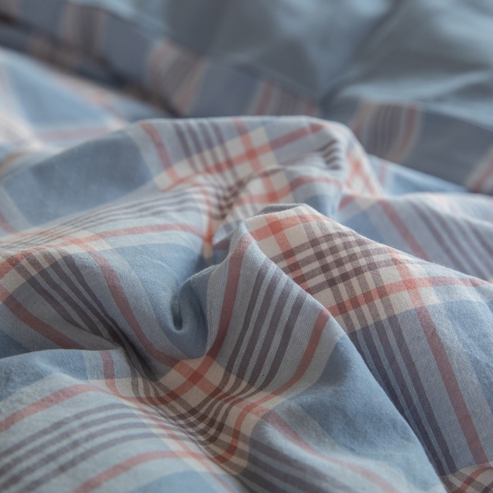 91家纺网 家纺一手货源 找家纺 柠萌家居 2025新款无印良品风色织水洗棉A类学生宿舍三件套 麦凯蓝