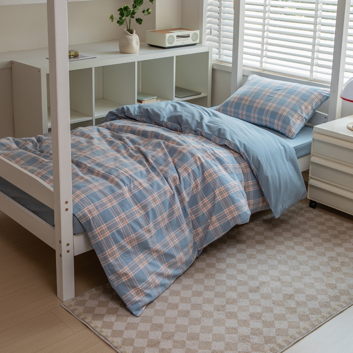 91家纺网 家纺一手货源 找家纺 柠萌家居 2025新款无印良品风色织水洗棉A类学生宿舍三件套 麦凯蓝