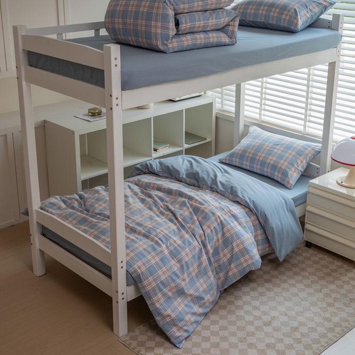 91家纺网 家纺一手货源 找家纺 柠萌家居 2025新款无印良品风色织水洗棉A类学生宿舍三件套 麦凯蓝