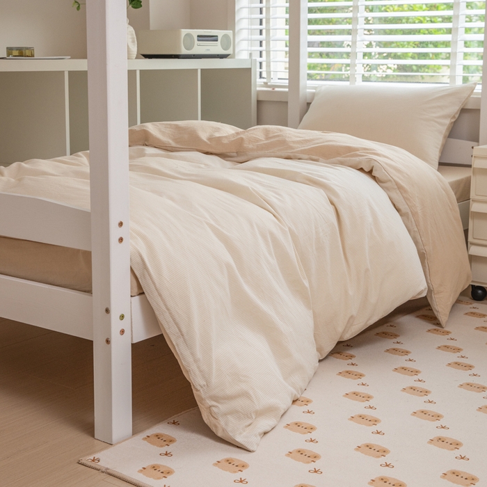 91家纺网 家纺一手货源 找家纺 柠萌家居 2025新款无印良品风色织水洗棉A类学生宿舍三件套 米密条