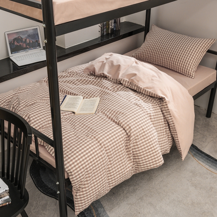 柠萌家居 2025新款无印良品风色织水洗棉A类学生宿舍三件套 蜜粉格