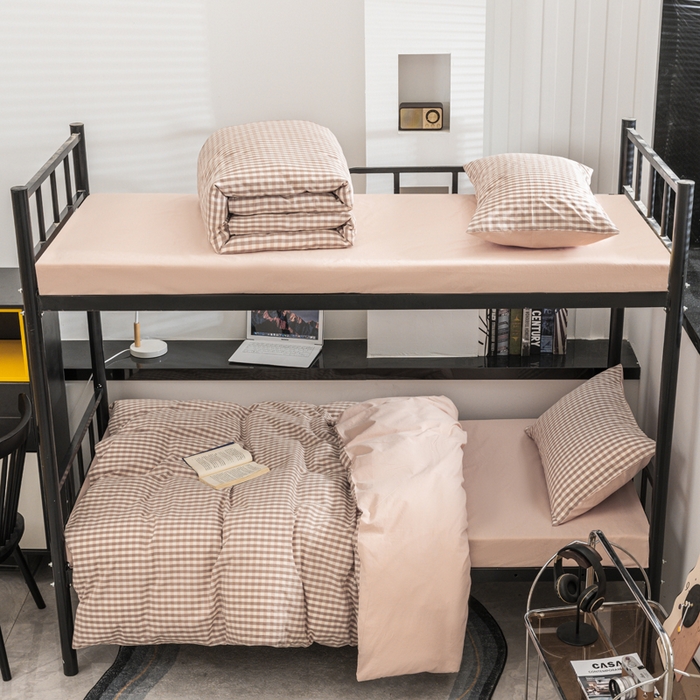 91家纺网 家纺一手货源 找家纺 柠萌家居 2025新款无印良品风色织水洗棉A类学生宿舍三件套 蜜粉格