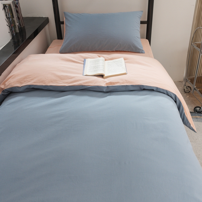 91家纺网 家纺一手货源 找家纺 柠萌家居 2025新款无印良品风色织水洗棉A类学生宿舍三件套 浅蓝粉