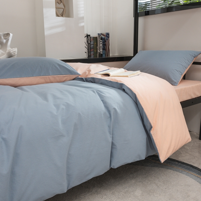 91家纺网 家纺一手货源 找家纺 柠萌家居 2025新款无印良品风色织水洗棉A类学生宿舍三件套 浅蓝粉