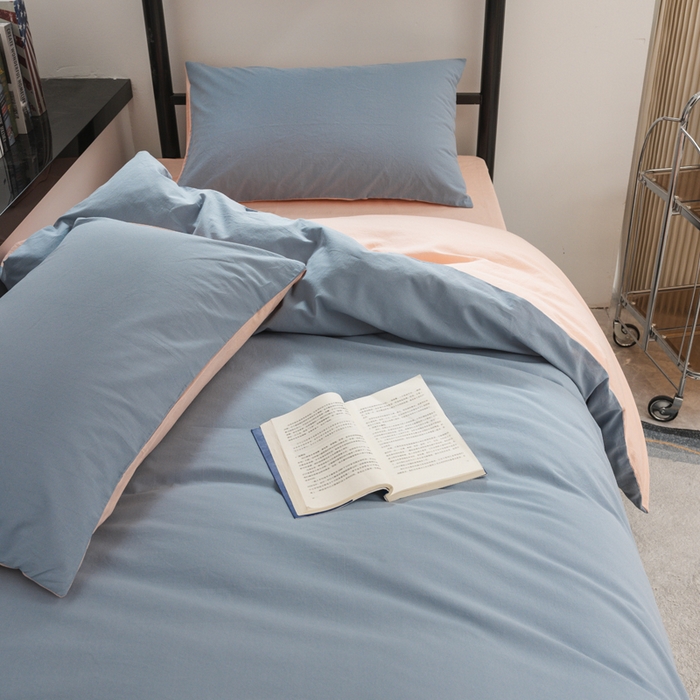 91家纺网 家纺一手货源 找家纺 柠萌家居 2025新款无印良品风色织水洗棉A类学生宿舍三件套 浅蓝粉