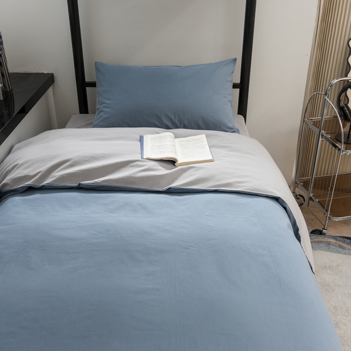 91家纺网 家纺一手货源 找家纺 柠萌家居 2025新款无印良品风色织水洗棉A类学生宿舍三件套 浅蓝灰