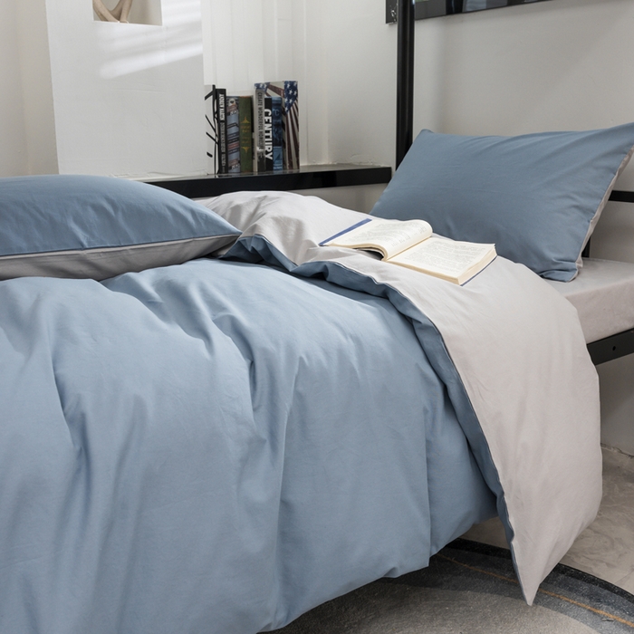 91家纺网 家纺一手货源 找家纺 柠萌家居 2025新款无印良品风色织水洗棉A类学生宿舍三件套 浅蓝灰