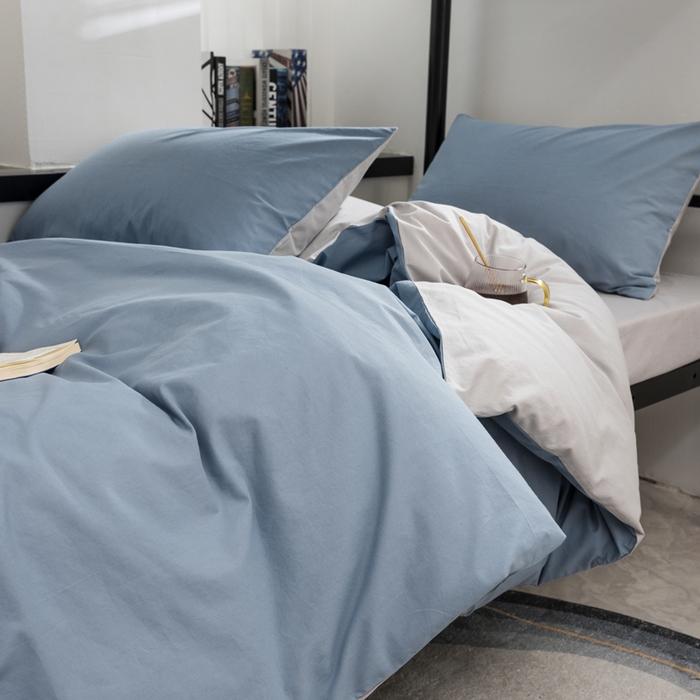 91家纺网 家纺一手货源 找家纺 柠萌家居 2025新款无印良品风色织水洗棉A类学生宿舍三件套 浅蓝灰