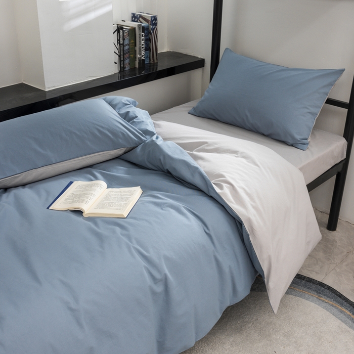 91家纺网 家纺一手货源 找家纺 柠萌家居 2025新款无印良品风色织水洗棉A类学生宿舍三件套 浅蓝灰