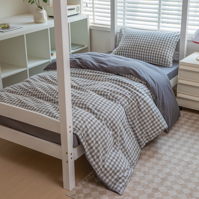 91家纺网 家纺一手货源 找家纺 柠萌家居 2025新款无印良品风色织水洗棉A类学生宿舍三件套 尚品灰